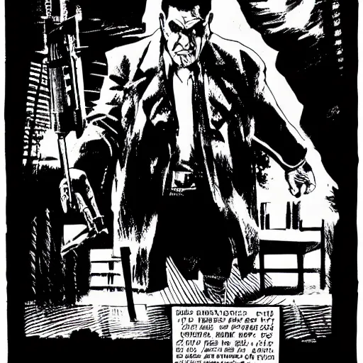 Image similar to milos zeman as sin city character, holding automatic rifle, drawn by frank miller