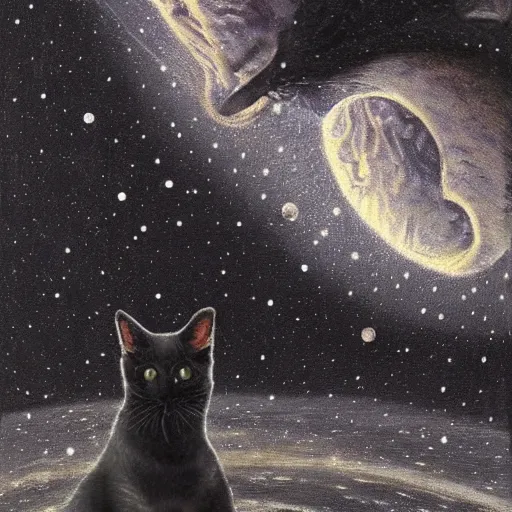 Prompt: a painting of a black and white cat in a scenic environment by johfra bosschart, hyperdetailed, beautiful, stars, planets, nebula, trending on artstation