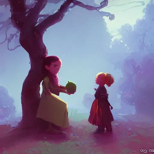 Image similar to a girl accepting an apple from a green skinned witch, by Jordan Grimmer and greg rutkowski, crisp lines and color,