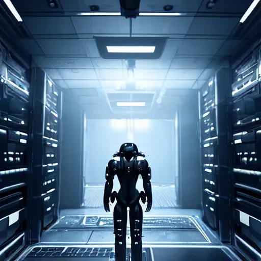 Image similar to symmetrical anthropomorphic android working in sci - fi server room. cinematic shot from alien isolation