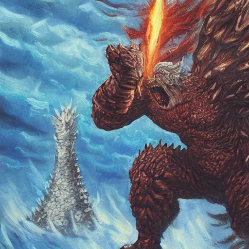 Image similar to Joe Biden fighting Godzilla in medieval times, oil painting, hd, detailed, artistic, President Joe Biden