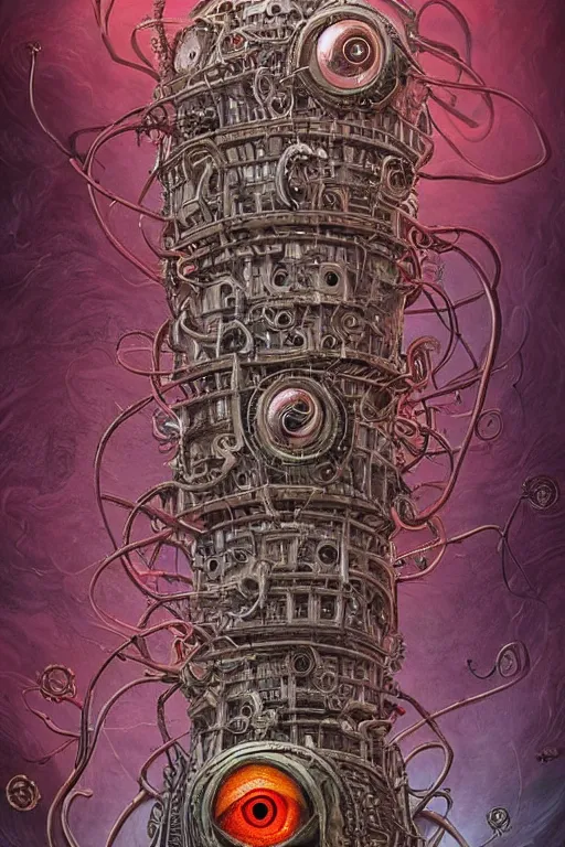 Prompt: lovecraftian biomechanical machine tower with fleshy tendrils, giant eyeball at top!, overlooking dystopian wasteland, highly detailed, colorful with red hues