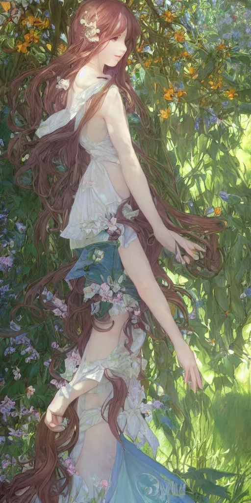 Image similar to a digital art of a loli with long hair in a dress in the privet garden at after noon, green and warm theme and blue accents, back lighting, by krenz cushart and mucha, highly detailed, 4 k resolution, trending on art station