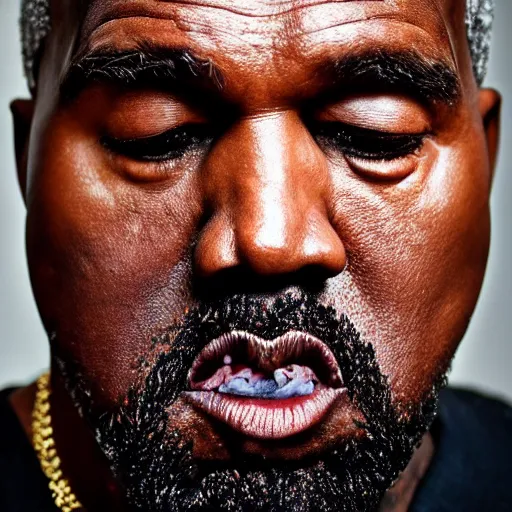 Image similar to the face of old kanye west wearing yeezy clothing at 5 8 years old, portrait by julia cameron, chiaroscuro lighting, shallow depth of field, 8 0 mm, f 1. 8