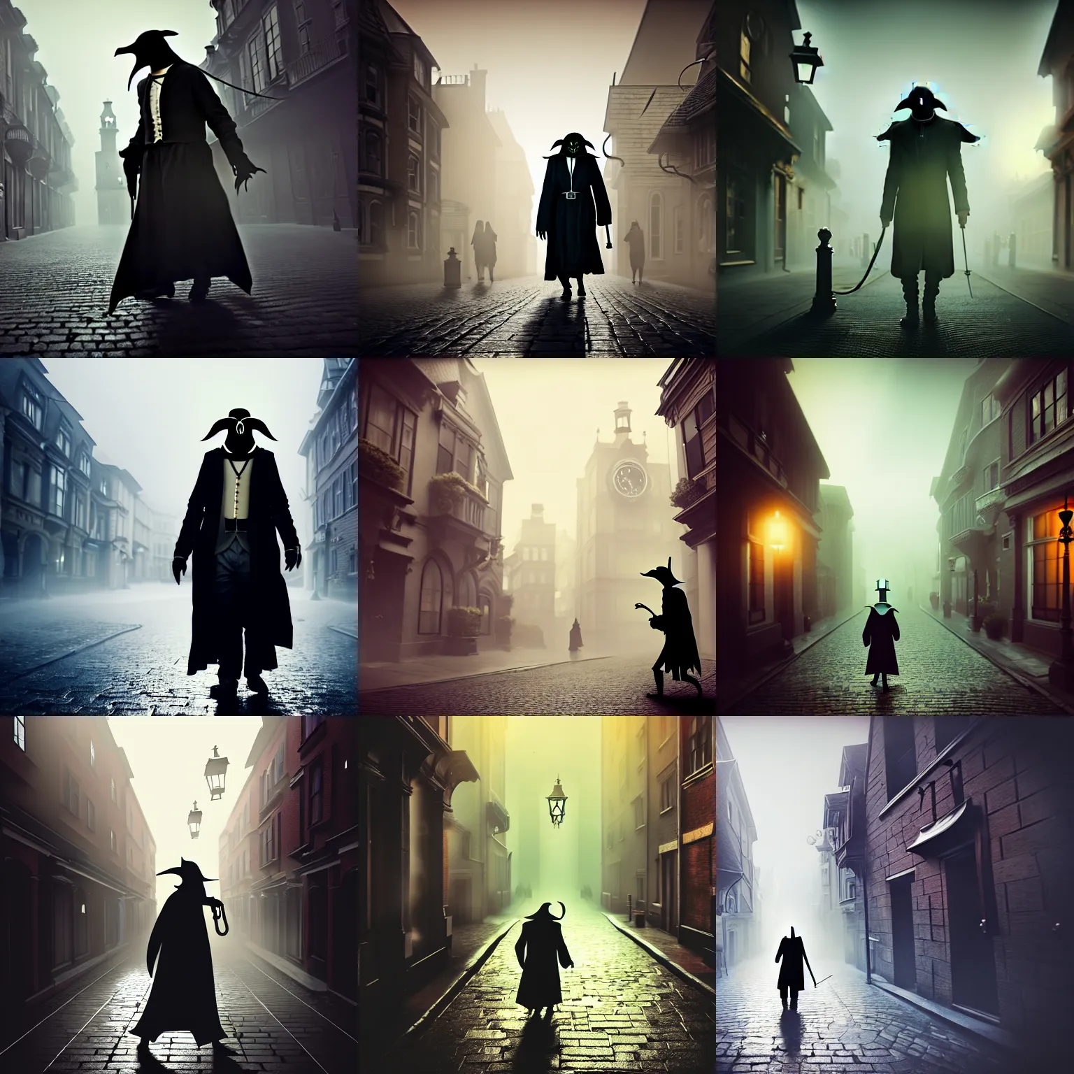 Prompt: a photography of plague doctor walks through a Victorian city, trending in artstation, photo-realistic, dramatic light, bokeh effect, volumetric fog, detailed