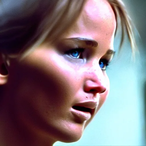 Image similar to cinematic jennifer lawrence, color photography, sharp detail, confused, still from the movie alien