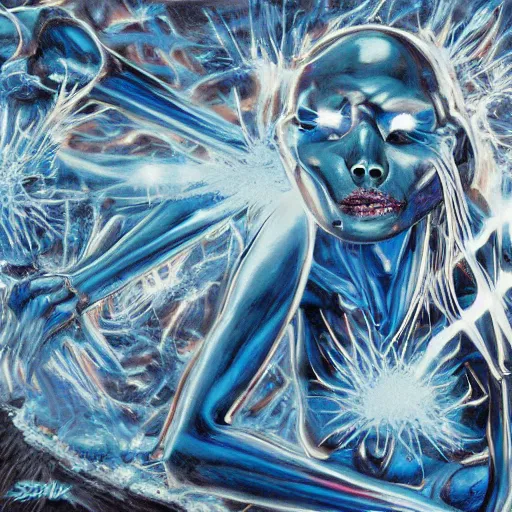 Image similar to blue crystal exploding, 4k (blue)!!, double exposures on 35mm film!, scalier skin for moisture retention, adapted to a drier climate, Genetic isolation with different environmental pressures yields a variant of yautja by michael vincent, alien anatomyArt by Joel peter Witkin, art by hr Geiger, art by Brom, art by Todd McFarlane, 8k concept art, low poly, cinematic, horror, monsters, fur, shadows, full color, best practice, creature, cinematographic, cinematic, hyper realistic, detailed, 8k, octane render.