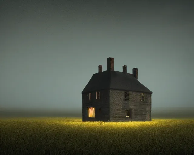 Prompt: A hauntingly sad and lonely house with lit windows, standing alone in a eerie field at night. By Lee Madgwick. Trending on Artstation 4k, unreal engine, 8k render