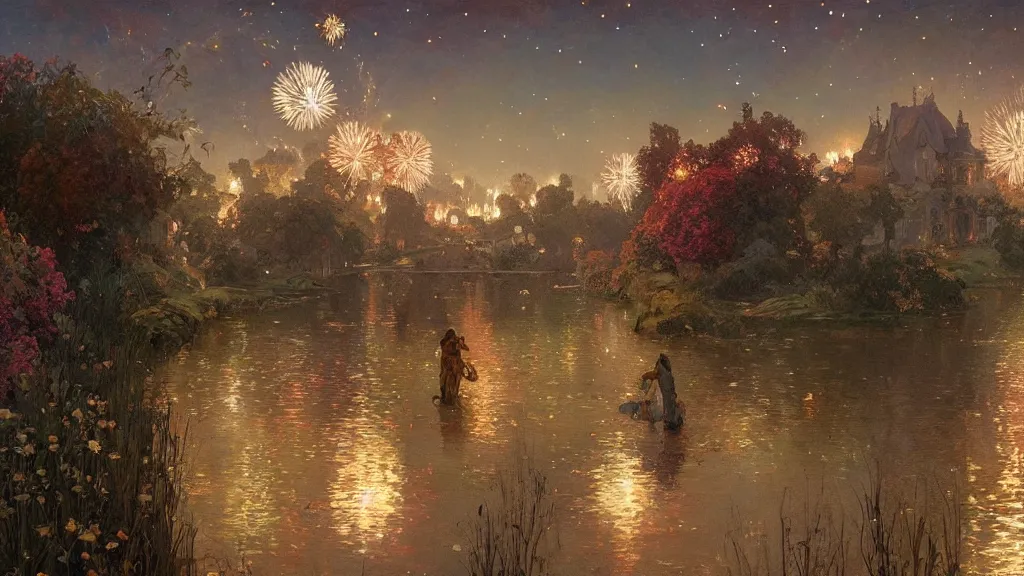 Image similar to a beautiful painting of the shire during a fireworks festival, at night with a sky full of stars and fireworks, intricate, elegant, highly detailed, digital painting, artstation, concept art, by krenz cushart and artem demura and alphonse mucha