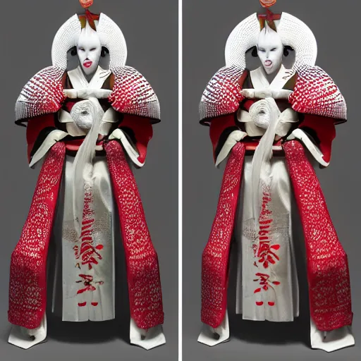 Prompt: beautiful albino maiko armor pagan, jewelry, sakura,photograph, award wining, red and white, trending on artstation, punk attitude, 4k, unreal engine 5, octane render, neon highlights