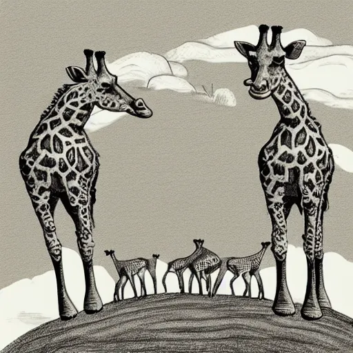 Image similar to giraffe pig hybrids riding bicycles, sepia toned illustration