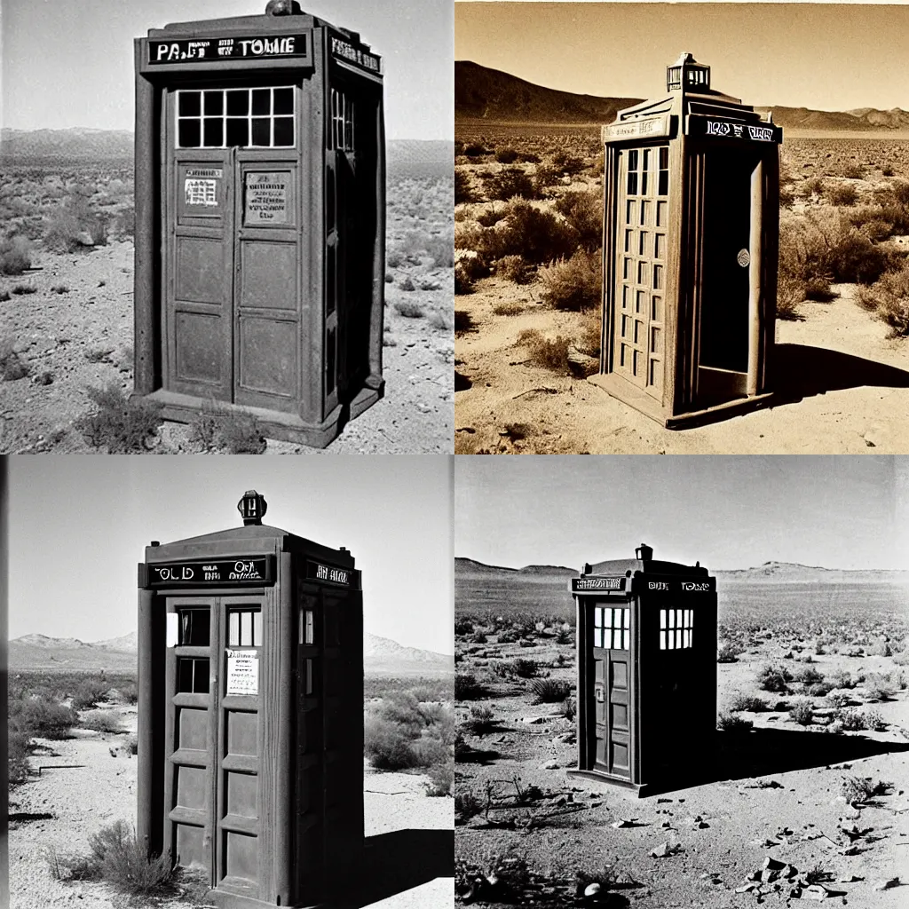 Prompt: A crashed TARDIS in the New Mexico desert. Debris. 1940s photograph.