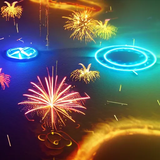 Prompt: isometric neon fireworks exploding over a dark ocean distance octane render 4 k trending on artstation