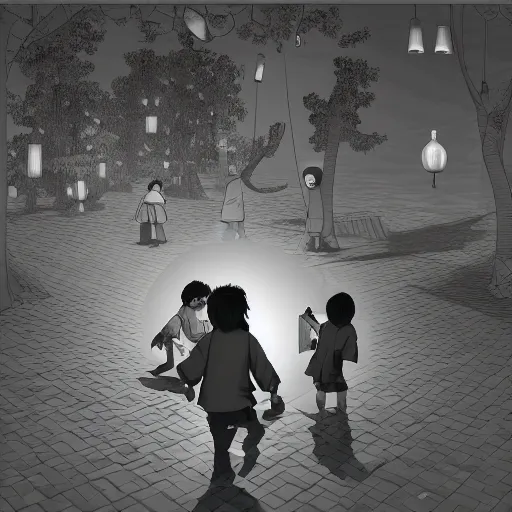 Prompt: children playing with lanterns in the park ', by kentaro miura and terada katsuya, style of inverted colors, low poly, cobalt