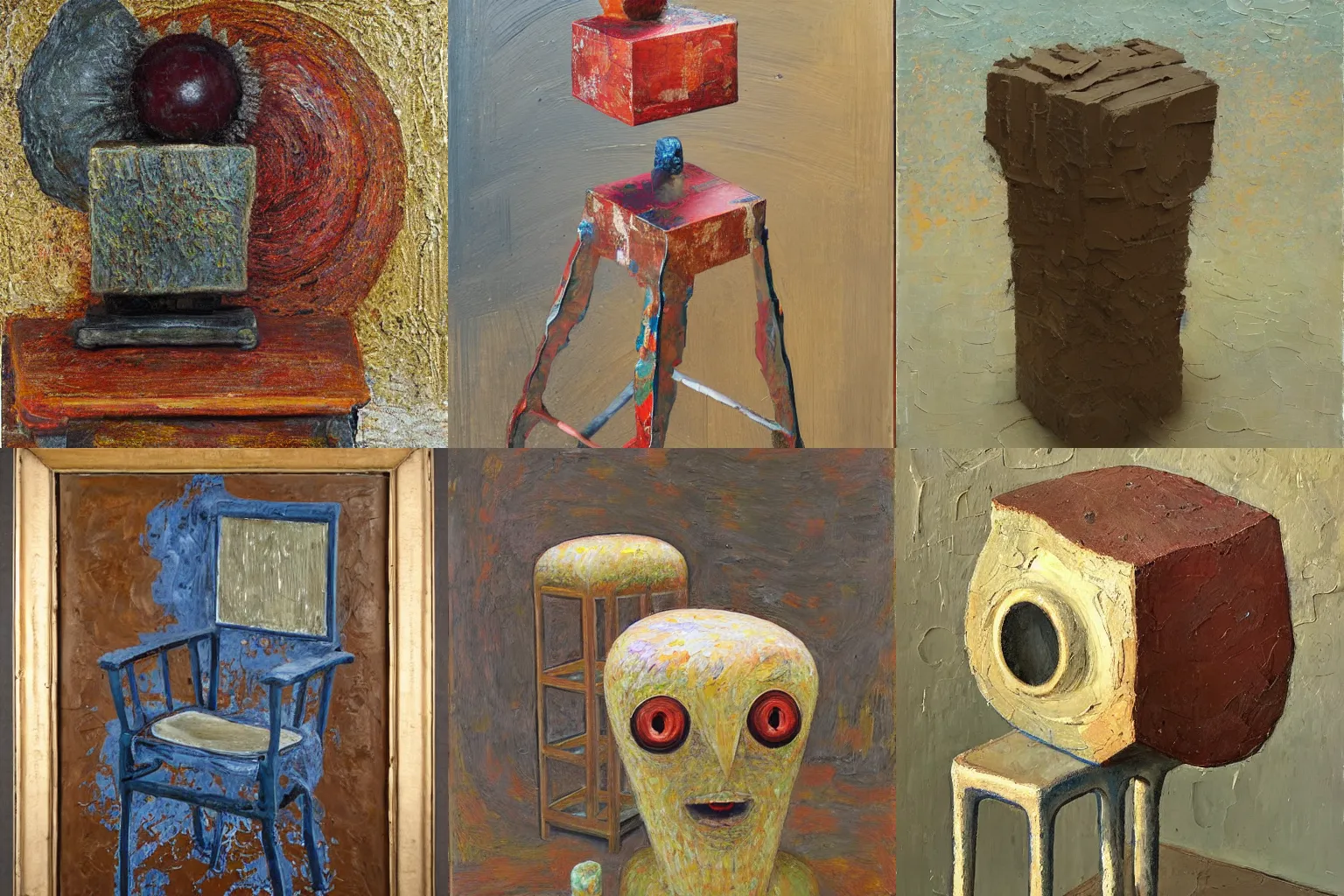 Prompt: a detailed, impasto painting by shaun tan and louise bourgeois of an abstract forgotten sculpture on a stool by ivan seal and the caretaker