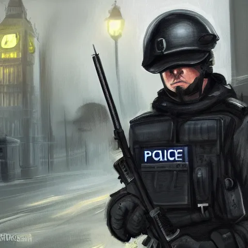 Image similar to A British police officer guarding London at night, highly detailed, ambient lighting, trending on art station