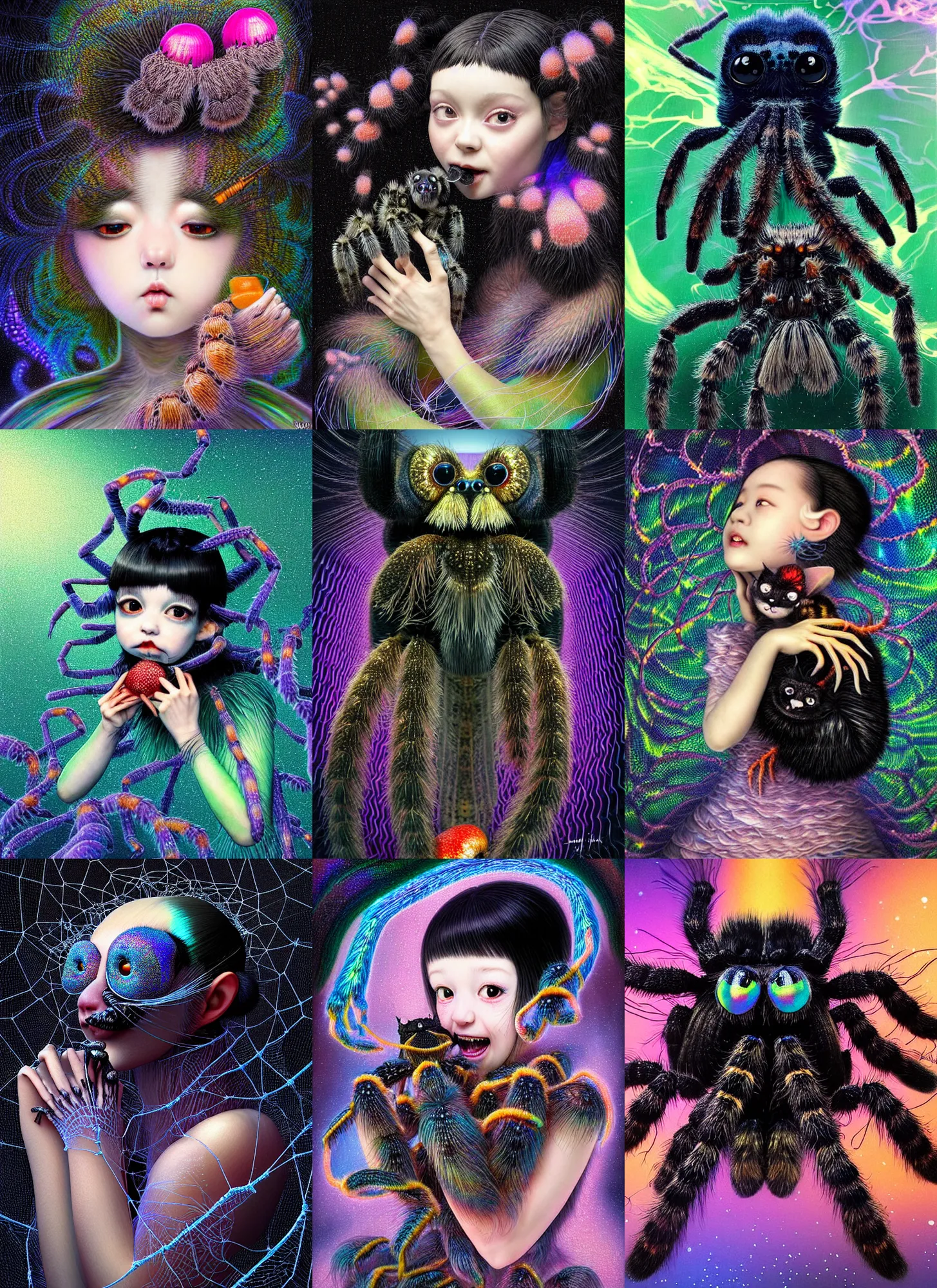 Prompt: hyper detailed 3d render like a Oil painting - slightly kawaii portrait Aurora (a black haired tarantula headed flapper-girl from the future) seen Eating of the Strangling network of (cat 5 cable) and milky Fruit and Her delicate pedipalps hold of gossamer bring iridescent iron coals whose ashes black the foolish stars by Jacek Yerka, Ilya Kuvshinov, Glenn Barr, Mariusz Lewandowski, Houdini algorithmic generative render, Abstract brush strokes, Masterpiece, Edward Hopper and James Gilleard, Cronenberg, Mark Ryden, Wolfgang Lettl, hints of Yayoi Kasuma, octane render, 8k