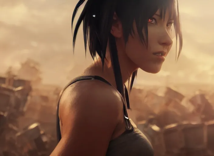 Prompt: close up cinematic artwork of Tifa Lockhart staring down the enemy on the battlefield by Greg Rutkowski, 4k, masterpiece