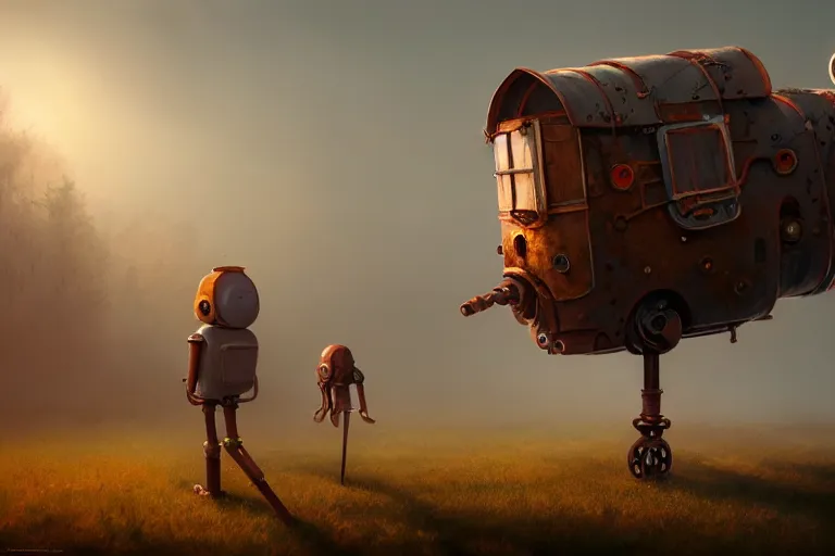 Image similar to a walking magic house with two mechanical legs, rust, hyperrealistic, highly detailed, cinematic, single ray of sun, fog, beautiful, cgssociety, artstation, 8 k, oil painting