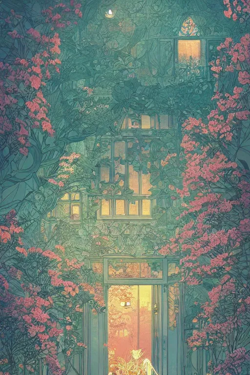 Image similar to a beautiful hyperdetailed matte illustration victo ngai style of absolutely beautiful blooming flower house, from china, perfectly shaded, atmospheric lighting, style of studio ghibli, makoto shinkai, raphael lacoste, louis comfort tiffany, artgerm, james jean, ross tran, chinese style