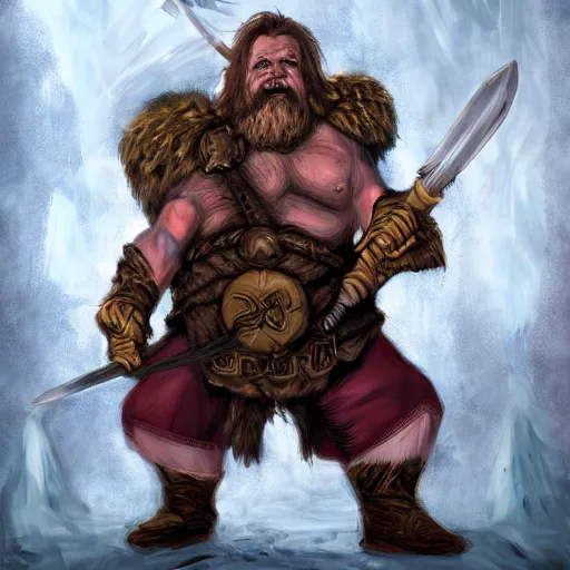 Prompt: a fantasy comic book style portrait painting of a dwarf berserker swinging axes, octane render, hyperreal