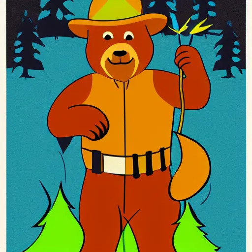 Prompt: smokey the bear starting a forest fire, 5 0's pop - art style