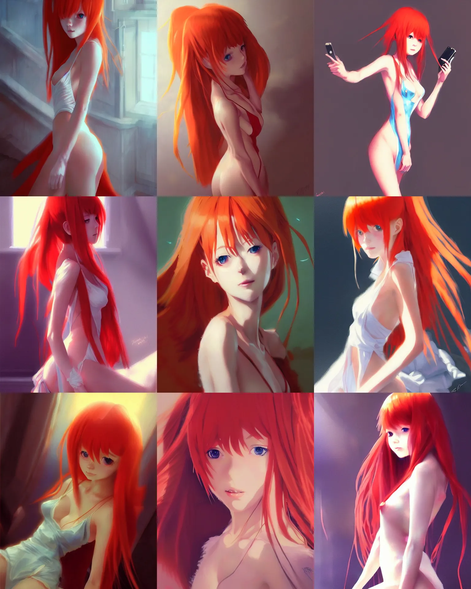 Prompt: asuka langley, negligee, selfie, digital art by greg rutkowski, instagram, pixiv