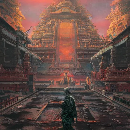 Prompt: Ukiyoe Thanjavur painting of atompunk dystopian retrofuture dark souls temple illustrated by Eddie Mendoza ,Maximalism, Art Nouveau