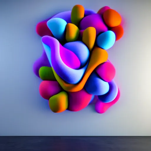 Image similar to : colorful abstract soft sculpture on the wall in modern architecture cinematic lighting, hyper - realistic, detailed, render by c 4 d octane, unreal engine, 8 k 3 d render