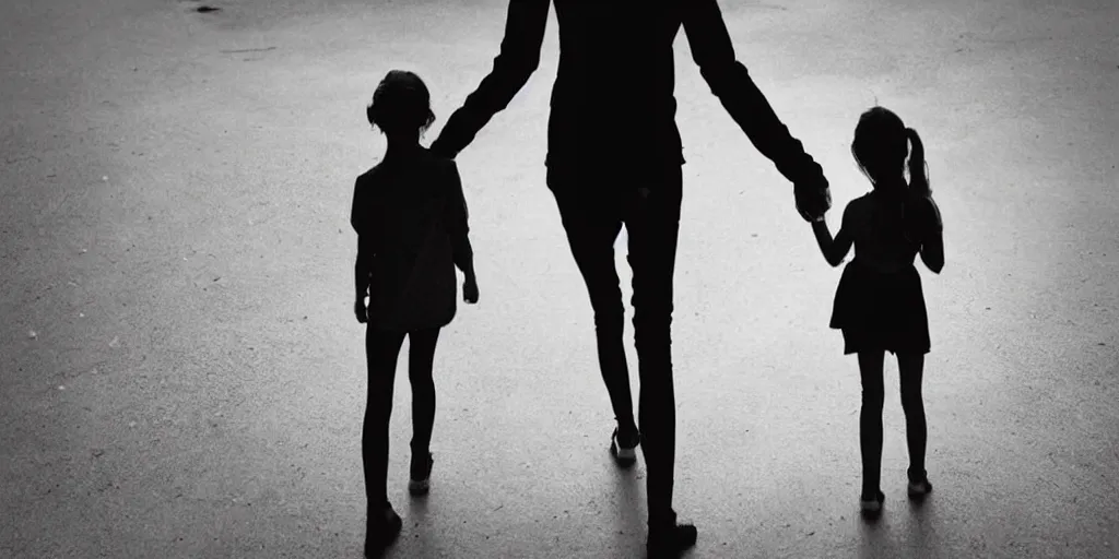 Image similar to extremely tall skinny humanoid monster holding a young girls hand