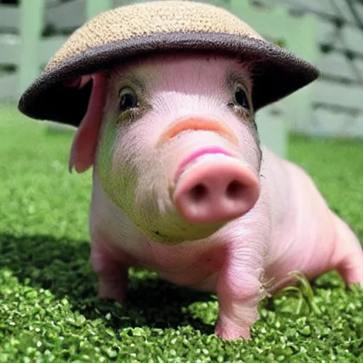 Prompt: miniature pig wearing a sunhat, piglet, piggy, baby animal, cute, adorable, summer