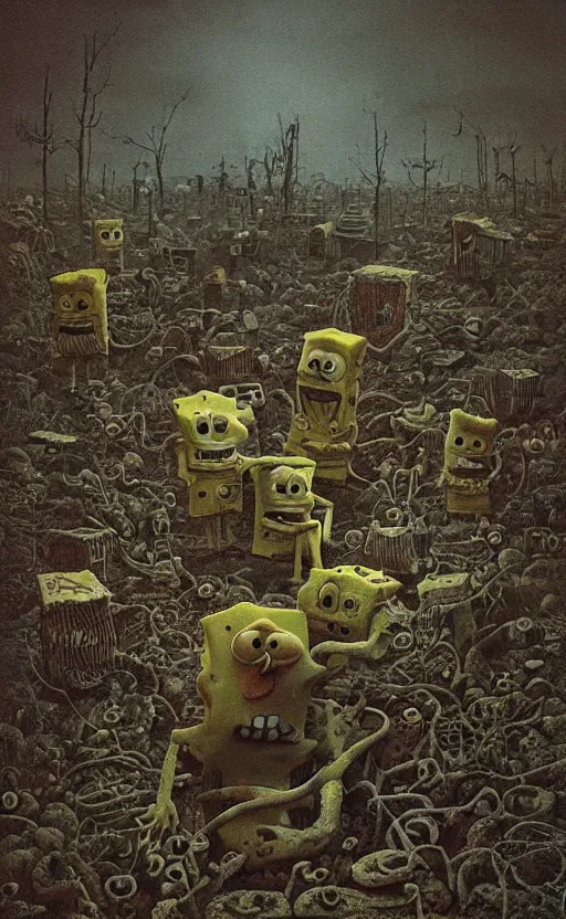 Image similar to spongebob squarepants in style of zdzisław beksinski, standing in wasteland, horror art, creepy, desolate