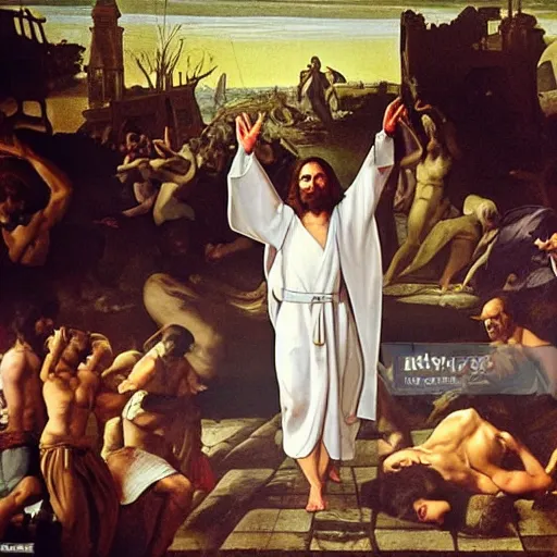 Image similar to jesus christ in a white robe strikes a dramatic dance pose on dead laughing bodies in streets of an apocalyptic metropolis destroyed after war, fantasy art, dramatic lighting, insane details ; renaissance painting