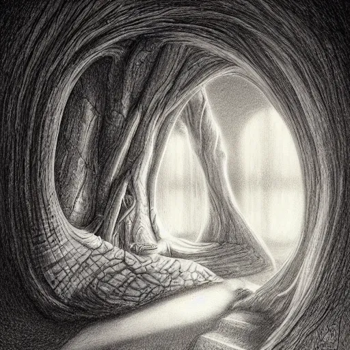 Prompt: hyper realistic pencil drawing of Stump House Tonnel, detailed, rim light, diffused, intricate, axe, by anna dittmann