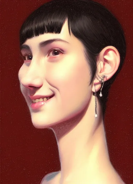 Image similar to portrait of teenage girl, narrow face, short black hair, bangs, half updo hairstyle, skinny, big nose, smile, unattractive, defined jawline, long chin, wearing hair bow, earrings, intricate, elegant, glowing lights, highly detailed, digital painting, artstation, sharp focus, illustration, art by wlop, mars ravelo and greg rutkowski