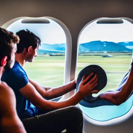 Image similar to a man is sitting in an airplane, watching his friends enjoy bouldering in a gym