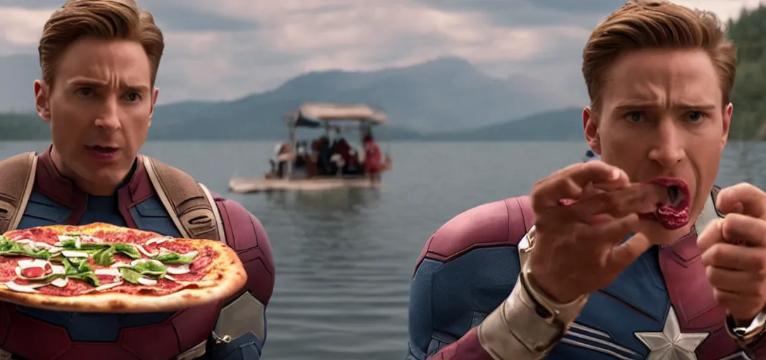 Prompt: a very high resolution image from a new movie. captain america eating pizza on a lake, photorealistic, photography, directed by wes anderson