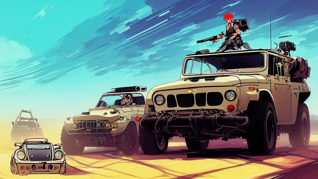 Image similar to digital illustration of mad max's fj 4 0 pursuit special, the last v 8 interceptor driving down a deserted cyberpunk highway in the middle of the day by studio ghibli, anime style year 2 0 9 3, by makoto shinkai, ilya kuvshinov, lois van baarle, rossdraws, basquiat