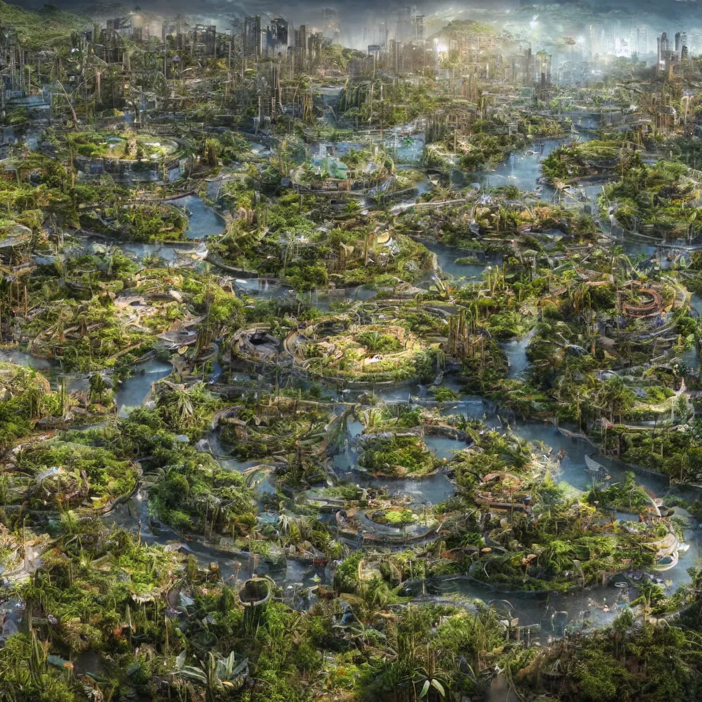 Image similar to solarpunk eco - city utopia, enchanted world, ancient nile winding river valley deep valley taken from 3 0 metres high, otherworldly, botanical garden, waterscape, overgrowing floral lush, glistening in the morning light, 8 k, cinematic shot, weta workshop, hyper realistic, cinematography by john boorman