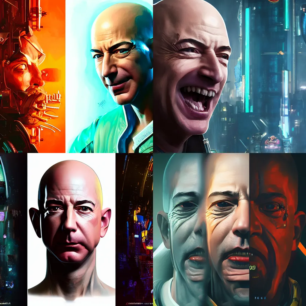 Prompt: front view, vicious, crazy laughing portrait of Jeff Bezos as a cyberpunk 2077 loading screen, symmetry, front view, intricate, studio, art by anthony macbain + greg rutkowski + alphonse mucha, concept art, 4k, sharp focus