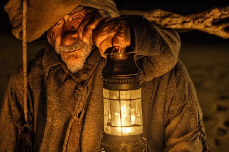 Image similar to closeup old man holding up a lantern on the beach in a pirate bay meet to a old wood shack by emmanuel lubezki