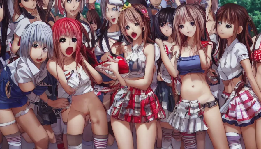 Image similar to waldo hiding amongst a group of cute anime girls in short miniskirts, lightly dressed, ultra detailed digital art, hyper real, detailed, closeup shot, ultra detailed