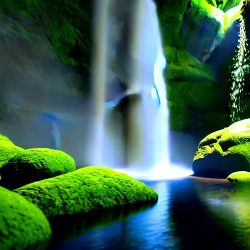 Image similar to a lush cave with a waterfall hyper realistic 8k unreal engine