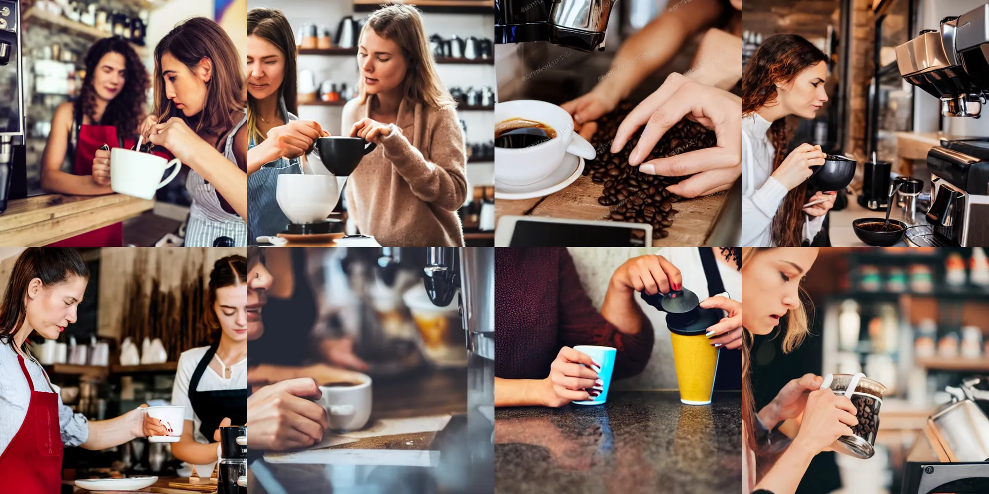 Prompt: professional extreme close-up photo of two women creating a coffee in a shop, Ukraine. professional art