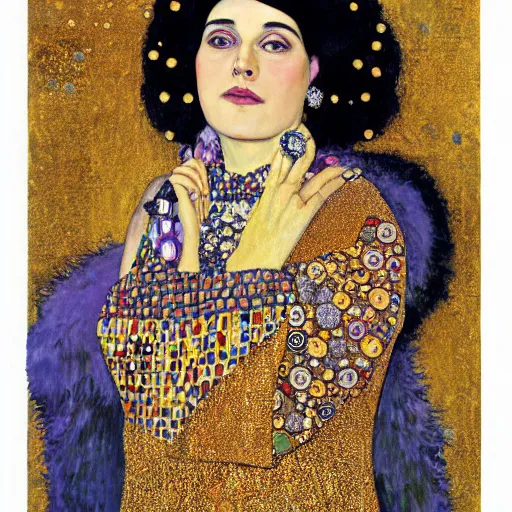 Image similar to a portrait of feminine benjamin netanyahu in gold garbs and jewels, by gustave klimt