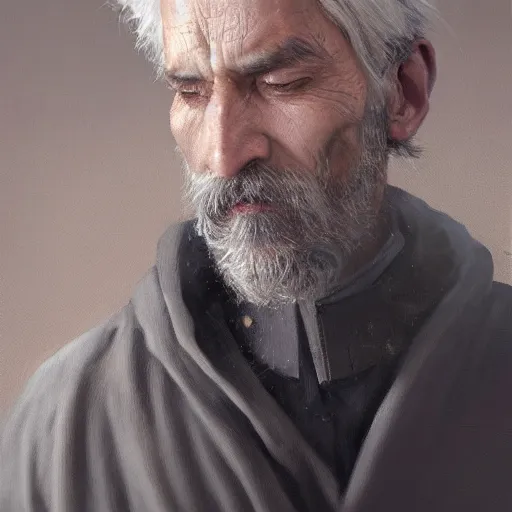 Image similar to An oil painting of a man dressed in priest robes, 50 years old, short grey hair, trimmed beard, sharp facial features, beautiful, highly detailed, by Cédric Peyravernay, trending on artstation