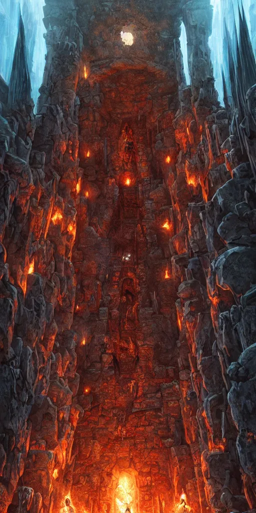 Image similar to symmetry!! mines of moria fiery demon surrounded by orcs, highly detailed, perfect lighting, perfect composition, 4 k, artgerm, derek zabrocki, greg rutkowski