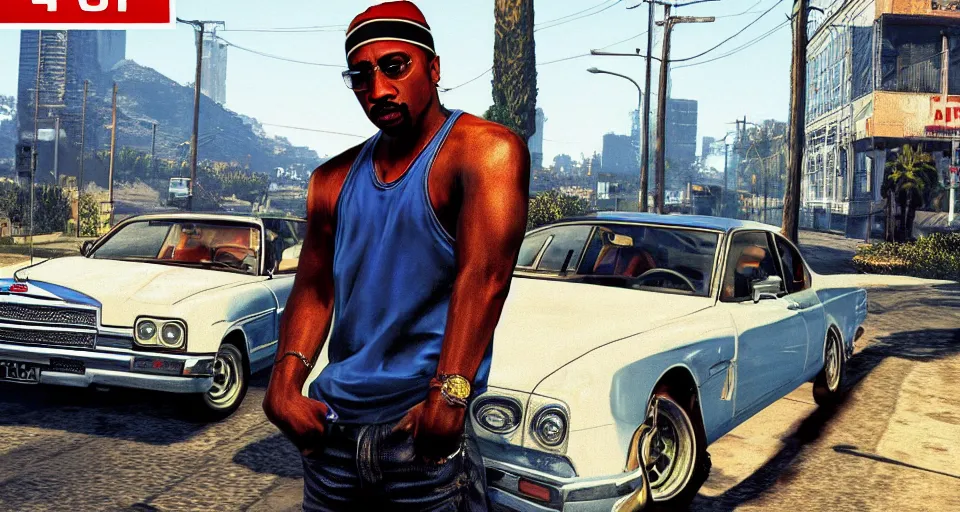 Prompt: 2Pac in GTA V, cover art by Stephen Bliss, no text, Ultra detailed, hyper realistic 4k