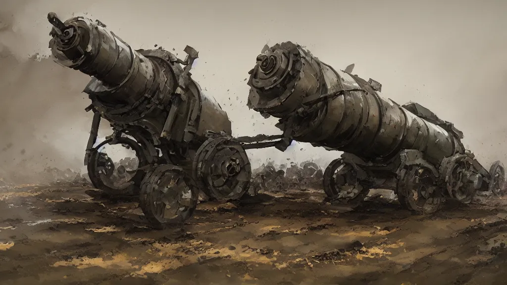 Prompt: closeup of howitzer cannon ww 2, watercolored, jakub rozalski, dark colours, dieselpunk, high quality, artstation