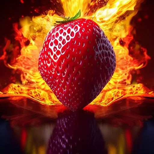 Prompt: exploding strawberry, octane render, highly detailed fire, highly detailed explosion, white background, ue 5, big explosion, realistic colors, realistic shadows, realistic reflections